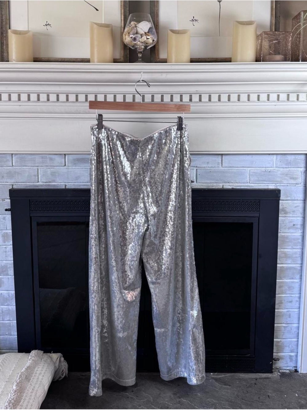 Boston Proper Malibu Silver Sequin Wide Leg Pants Lined Stretch Waist Glam Small - Picture 5 of 9